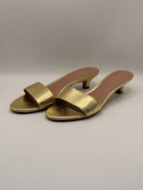 Linea Paolo Womens Gold Metallic Kitten Slip On Heel Sandal Sz 8